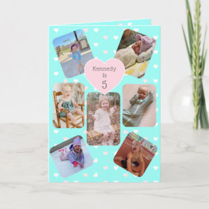 5th Birthday 7 Picture Collage Teal Pink Hearts Card