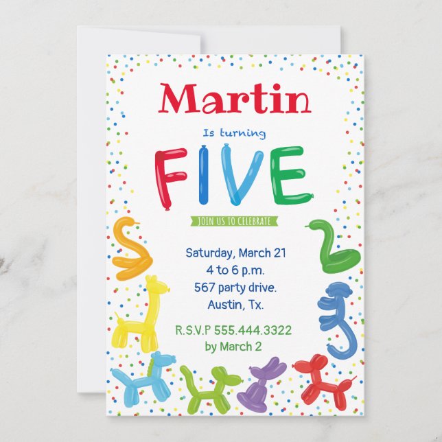 5th birthday animal balloons invitation (Front)