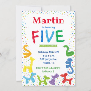 5th birthday animal balloons invitation