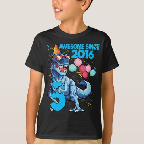 5th Birthday Awesome Since 2016 Dinosaur T_Shirt