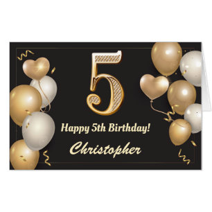 5th Birthday Black and Gold Balloons Extra Large Card