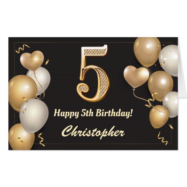 5th Birthday Black and Gold Balloons Extra Large Card (Front Horizontal)