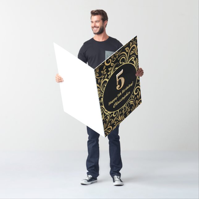 5th Birthday Black and Gold Floral Pattern Large Card (In Situ)