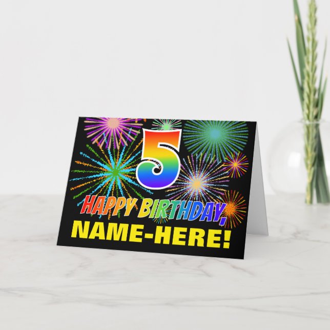 5th Birthday: Bold, Fun, Fireworks, Rainbow 5 Card (Front)