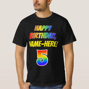 5th Birthday — Bold, Fun, Rainbow 5, Custom Name T-Shirt