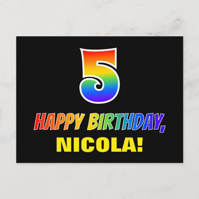 5th Birthday: Bold, Fun, Simple, Rainbow 5 Postcard (Front)