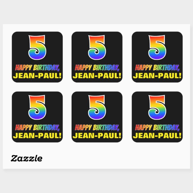5th Birthday: Bold, Fun, Simple, Rainbow 5 Square Sticker (Sheet)