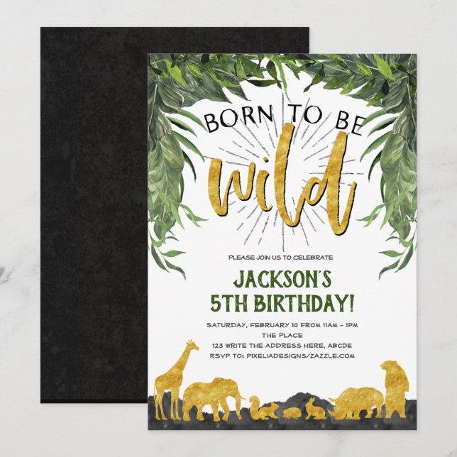 5th birthday, Born to be wild, Jungle animal Invitation (Front/Back)