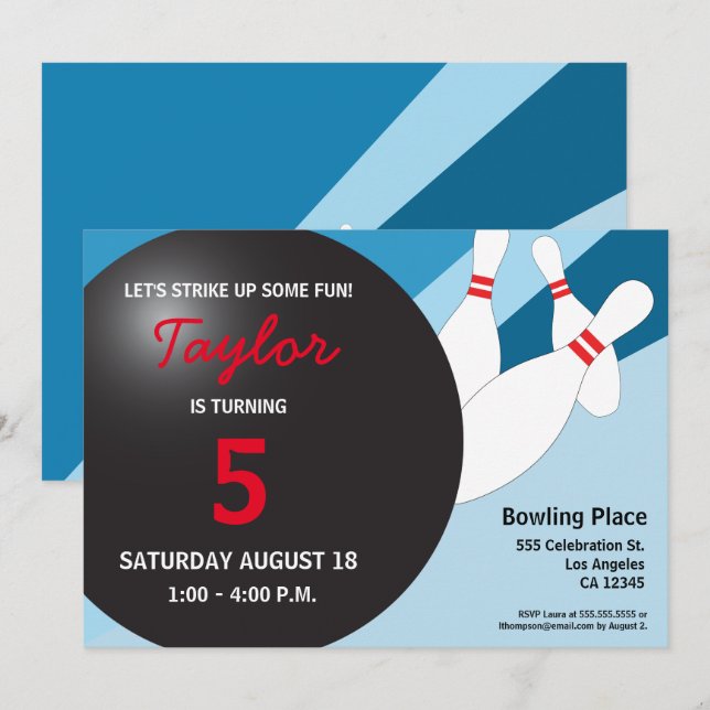 5th birthday bowling party blue red white invitation (Front/Back)