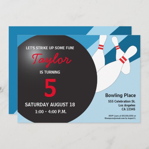 5th birthday bowling party blue red white invitation