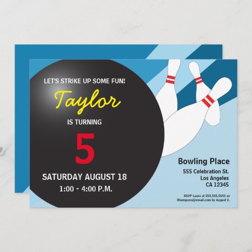 5th birthday bowling party blue red yellow invitation