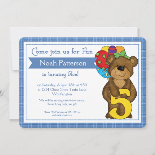 5th Birthday Boy Invitations Teddy Bear Train