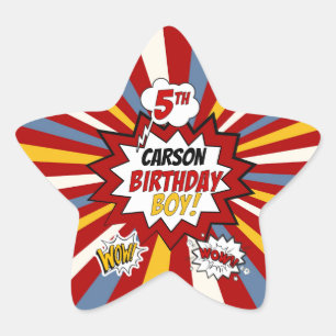5th Birthday Boy Superhero Comic with Name Star Sticker