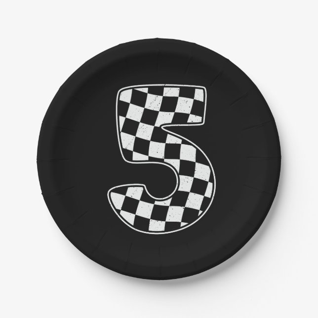 5th Birthday Checkered Number 5 Car Racing Flag  Paper Plates (Front)