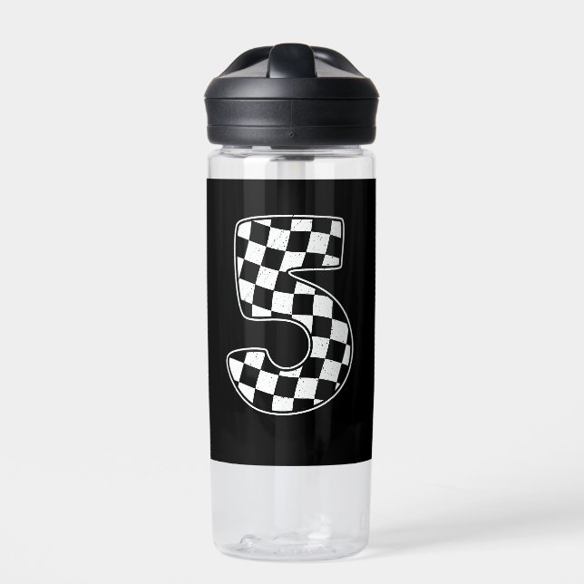 5th Birthday Checkered Number 5 Car Racing Flag  Water Bottle (Front)