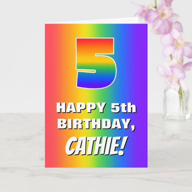 5th Birthday: Colorful, Fun Rainbow Pattern # 5 Card (Orchid)
