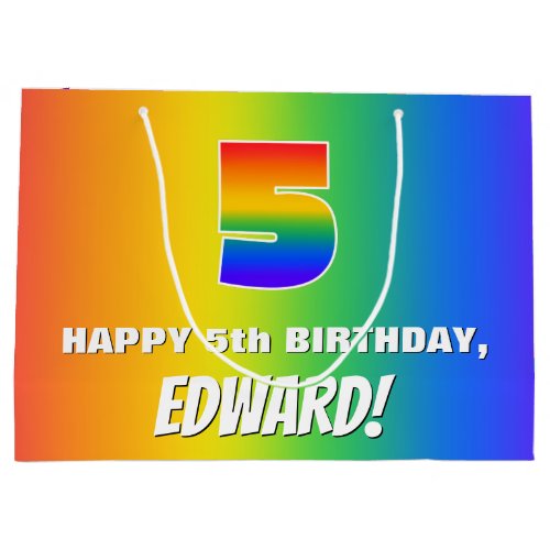 5th Birthday Colorful Fun Rainbow Pattern  5 Large Gift Bag