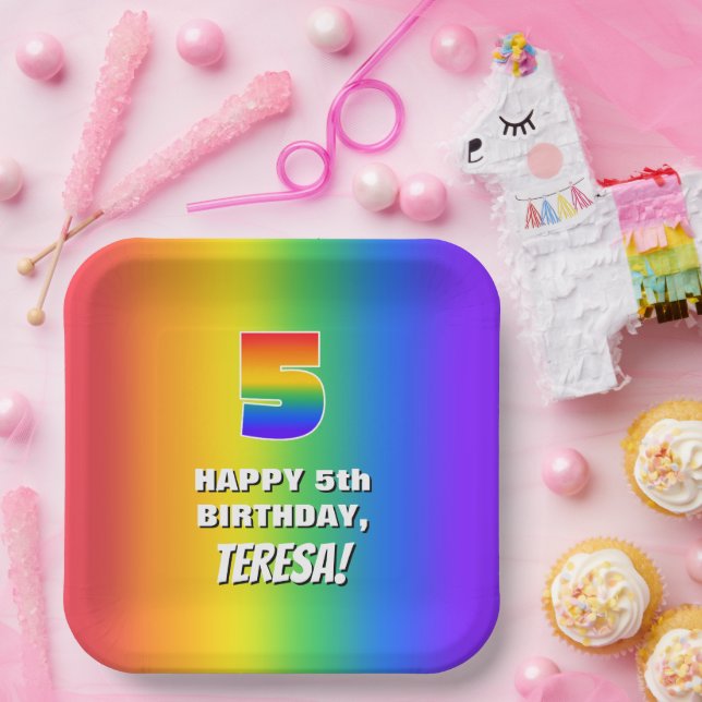 5th Birthday: Colorful, Fun Rainbow Pattern # 5 Paper Plates (Party)