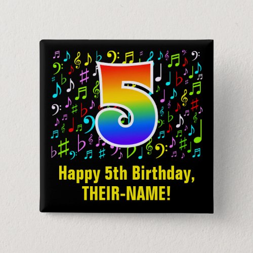 5th Birthday Colorful Music Symbols Rainbow 5 Button