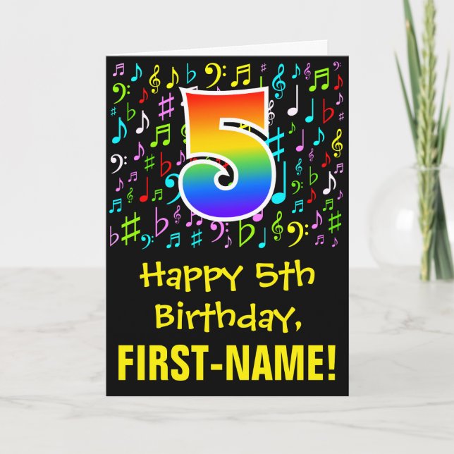 5th Birthday: Colorful Music Symbols + Rainbow 5 Card (Front)