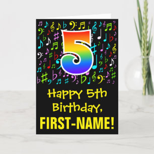 5th Birthday: Colorful Music Symbols + Rainbow 5 Card