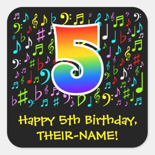 5th Birthday Colorful Music Symbols Rainbow 5 Square Sticker