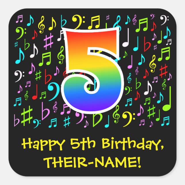 5th Birthday: Colorful Music Symbols, Rainbow 5 Square Sticker (Front)