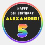 [ Thumbnail: 5th Birthday: Colorful Rainbow # 5, Custom Name Round Sticker ]
