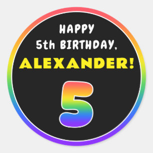 5th Birthday: Colorful Rainbow # 5, Custom Name Classic Round Sticker