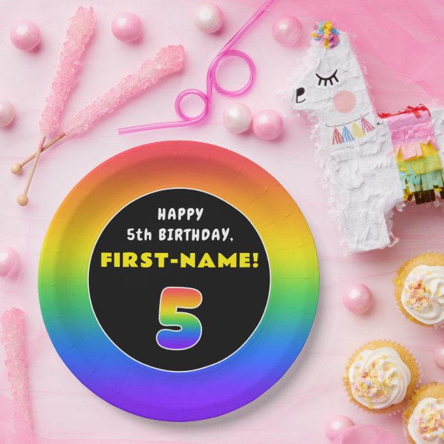 5th Birthday: Colorful Rainbow # 5, Custom Name Paper Plates (Party)
