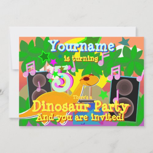 5th Birthday Cool Dinosaur DJ Party Invitation
