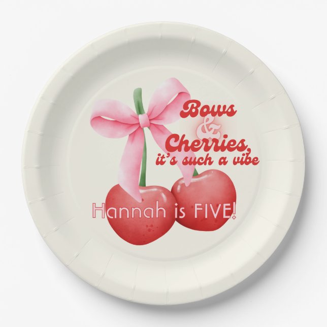 5th Birthday Coquette Cherries Bows Bubble Letters Paper Plates (Front)