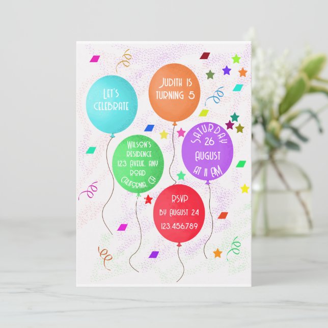 5th birthday counting colorful balloons invitation (Standing Front)