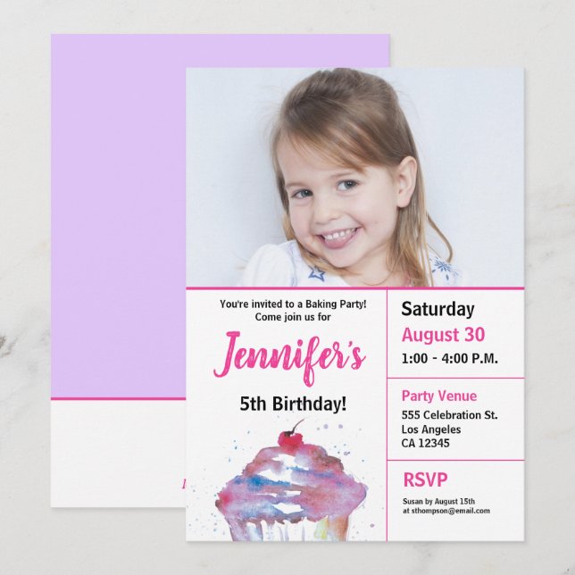 5th birthday cupcake baking party photo invitation (Front/Back)