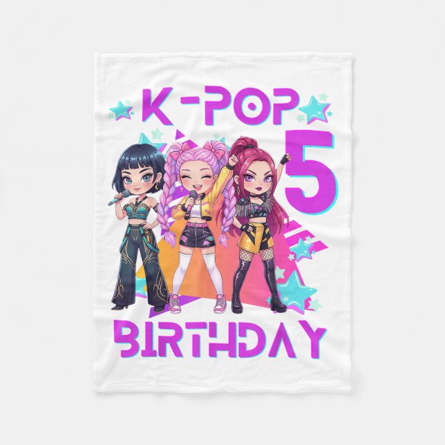 5th Birthday Cute Chibi Kpop Funny 5th Birthday Fleece Blanket (Front)