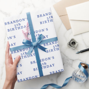 5th Birthday Cute White Blue Simple Modern Boy Wrapping Paper