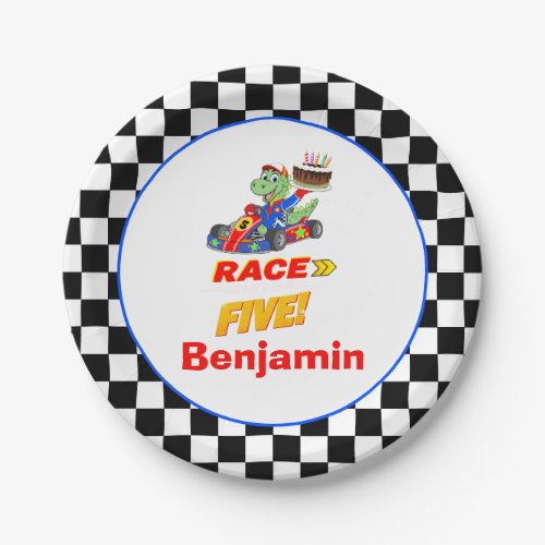 5th Birthday Dinosaur Race Car Ready Set Paper Plates