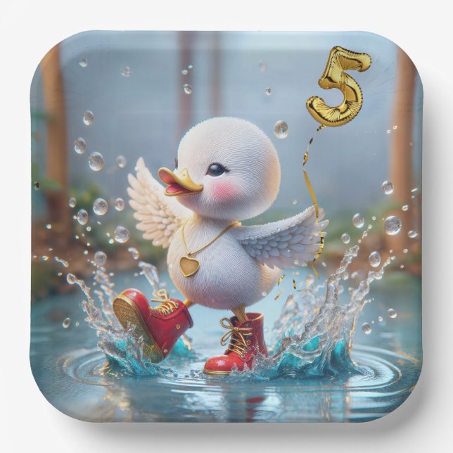 5th Birthday Duck Dancing In a Rain Puddle Paper Plates (Front)