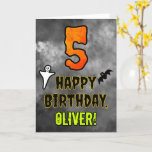 5th Birthday: Eerie Halloween Theme   Custom Name Card<br><div class="desc">The front of this scary and spooky Hallowe’en themed birthday greeting card design features a large number “5”. It also features the message “HAPPY BIRTHDAY, ”, and a personalized name. There are also depictions of a bat and a ghost on the front. The inside features a customized birthday greeting message,...</div>