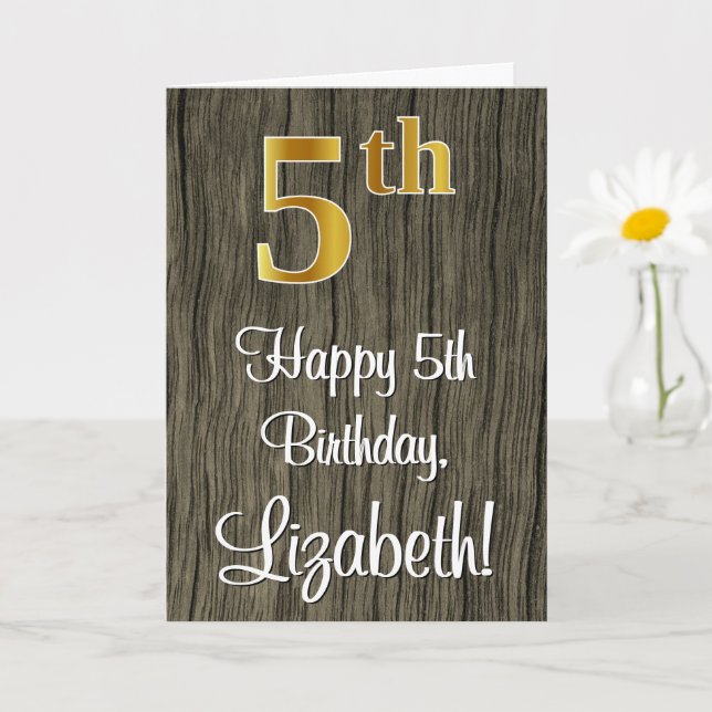 5th Birthday: Elegant Faux Gold Look #, Faux Wood Card (Small Plant)