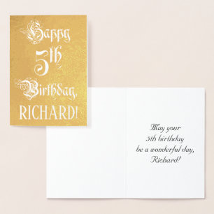 5th Birthday: Elegant, Ornate Script; Custom Name Foil Card