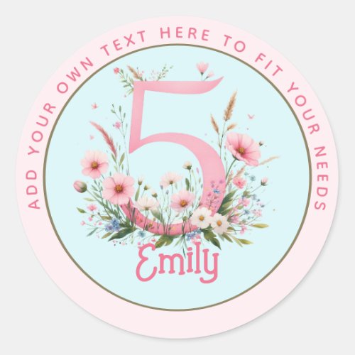 5th Birthday Fairy Floral Pink Princess Fairytale Classic Round Sticker