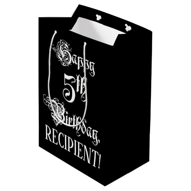5th Birthday: Fancy, Elegant Script + Custom Name Medium Gift Bag (Back Angled)
