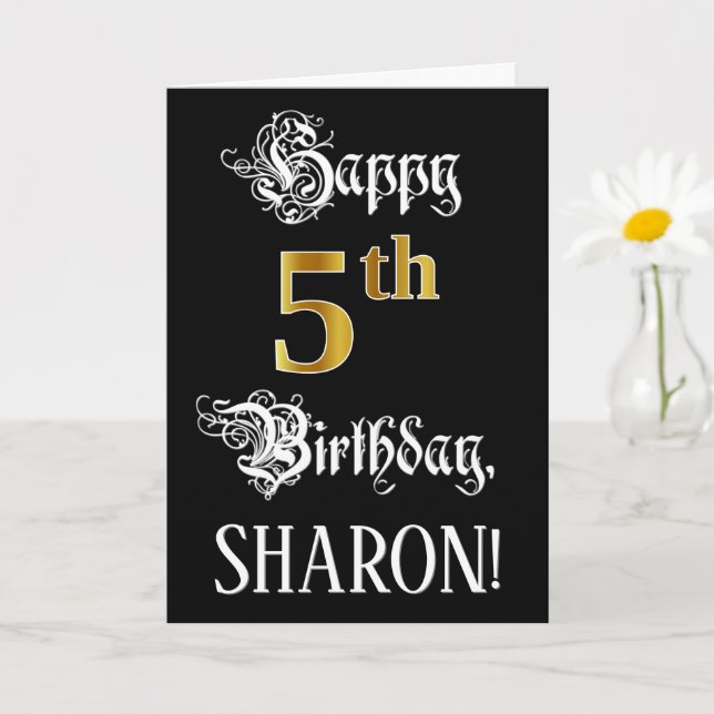 5th Birthday — Fancy Script; Faux Gold Look; Name Card (Small Plant)