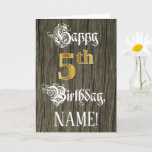 [ Thumbnail: 5th Birthday: Faux Gold Look + Faux Wood Pattern Card ]