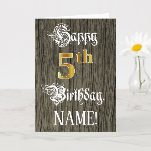 5th Birthday Faux Gold Look  Faux Wood Pattern Card