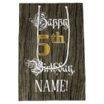 [ Thumbnail: 5th Birthday: Faux Gold Look & Faux Wood Pattern Gift Bag ]