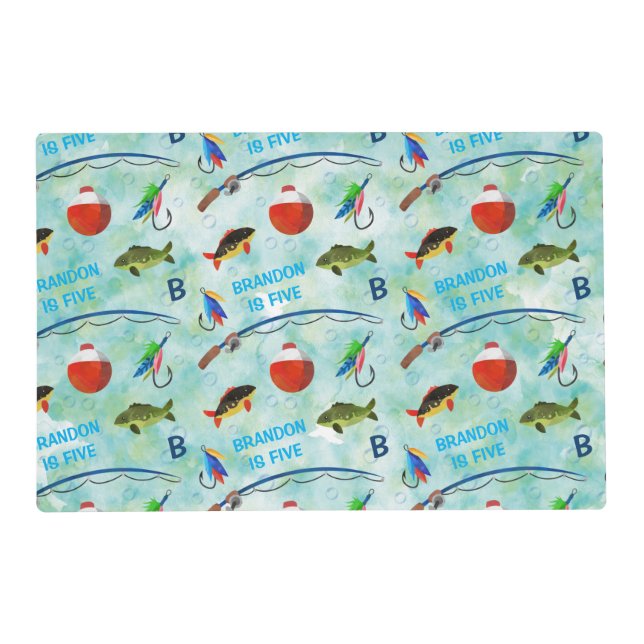 5th birthday fishing themed personalized party placemat (Front)
