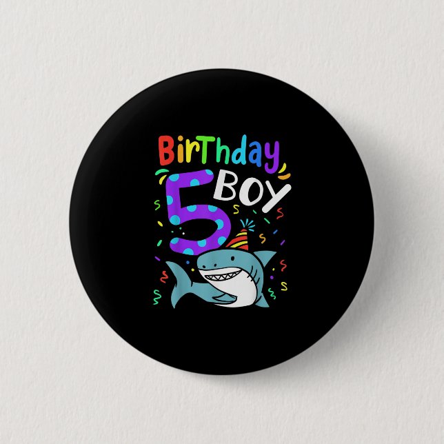 5th Birthday Five Years Old Shark Gift Button (Front)
