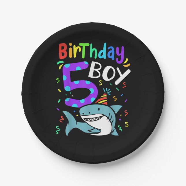 5th Birthday Five Years Old, Shark Gifts Paper Plates (Front)